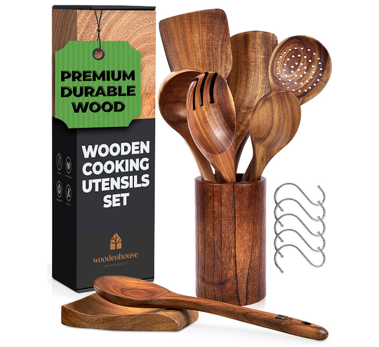 Wooden Utensils Set with Holder, Spoon Rest & Hooks