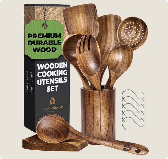 Wooden Utensils Set with Holder, Spoon Rest & Hooks - 8 PCs
