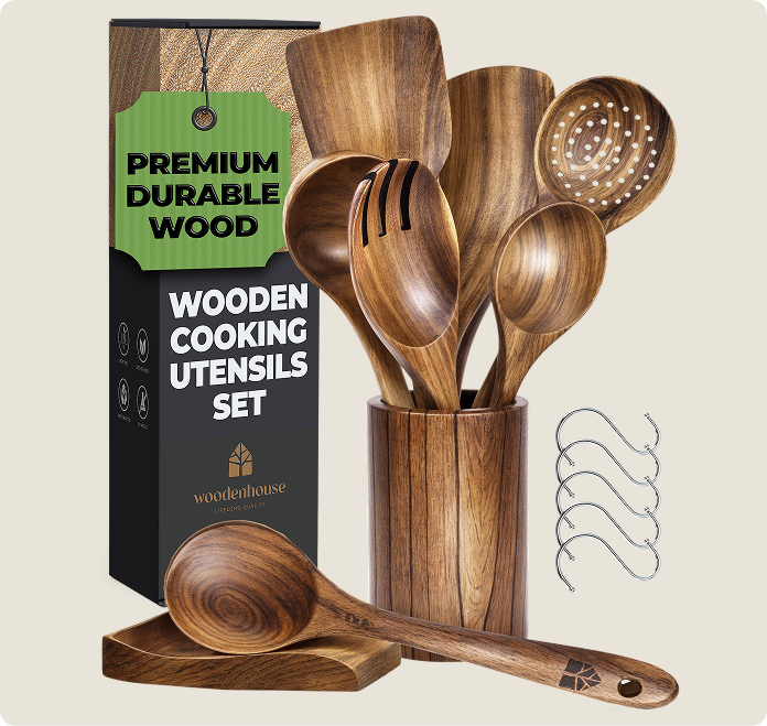 Wooden Utensils Set with Holder, Spoon Rest & Hooks - 12 PCs
