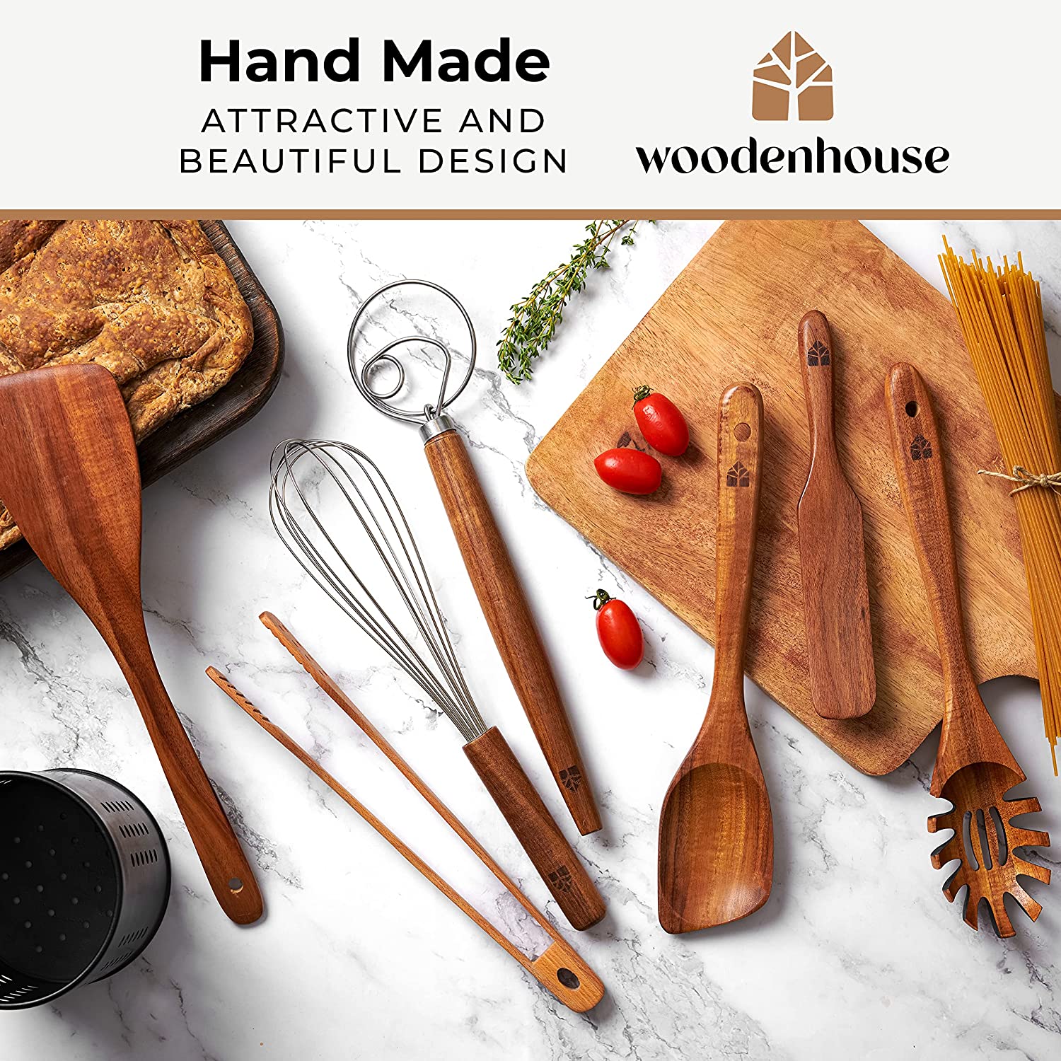 WOODENHOUSE Lifelong Quality Wooden Spoons for Cooking - Wooden Kitchen Utensils Set, 6 Pcs Teak Wood Utensil Set - Comfortable Grip Non-Stick Wooden