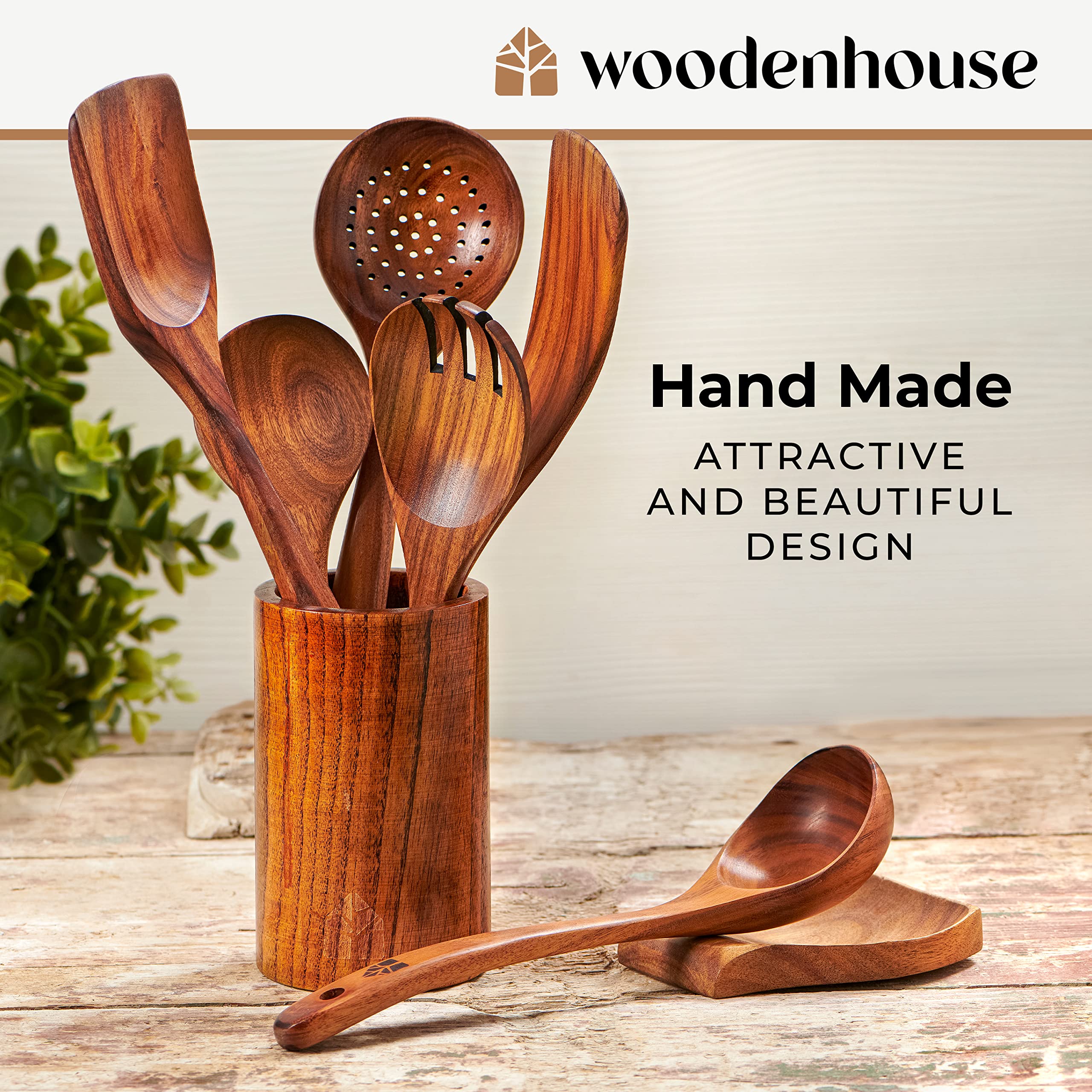 Wooden Cooking Utensils with Holder & Spoon Rest – Woodenhouse Lifelong  Quality