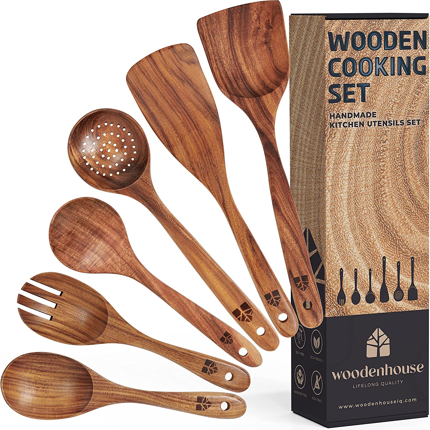 Wooden Spoons for Cooking, 6 Pcs Teak Wood Cooking Utensil Set