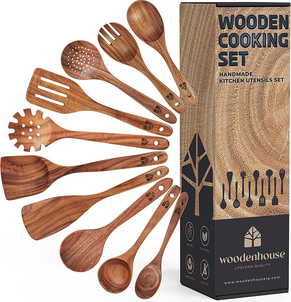 Wooden Spoons for Cooking – Wooden Utensils for Cooking Set with Holder &  Spoon Rest, Teak Wood Spoons and Spatula, Nonstick Natural Kitchen Cookware  – Durable Set of 13Pcs by Woodenhouse –